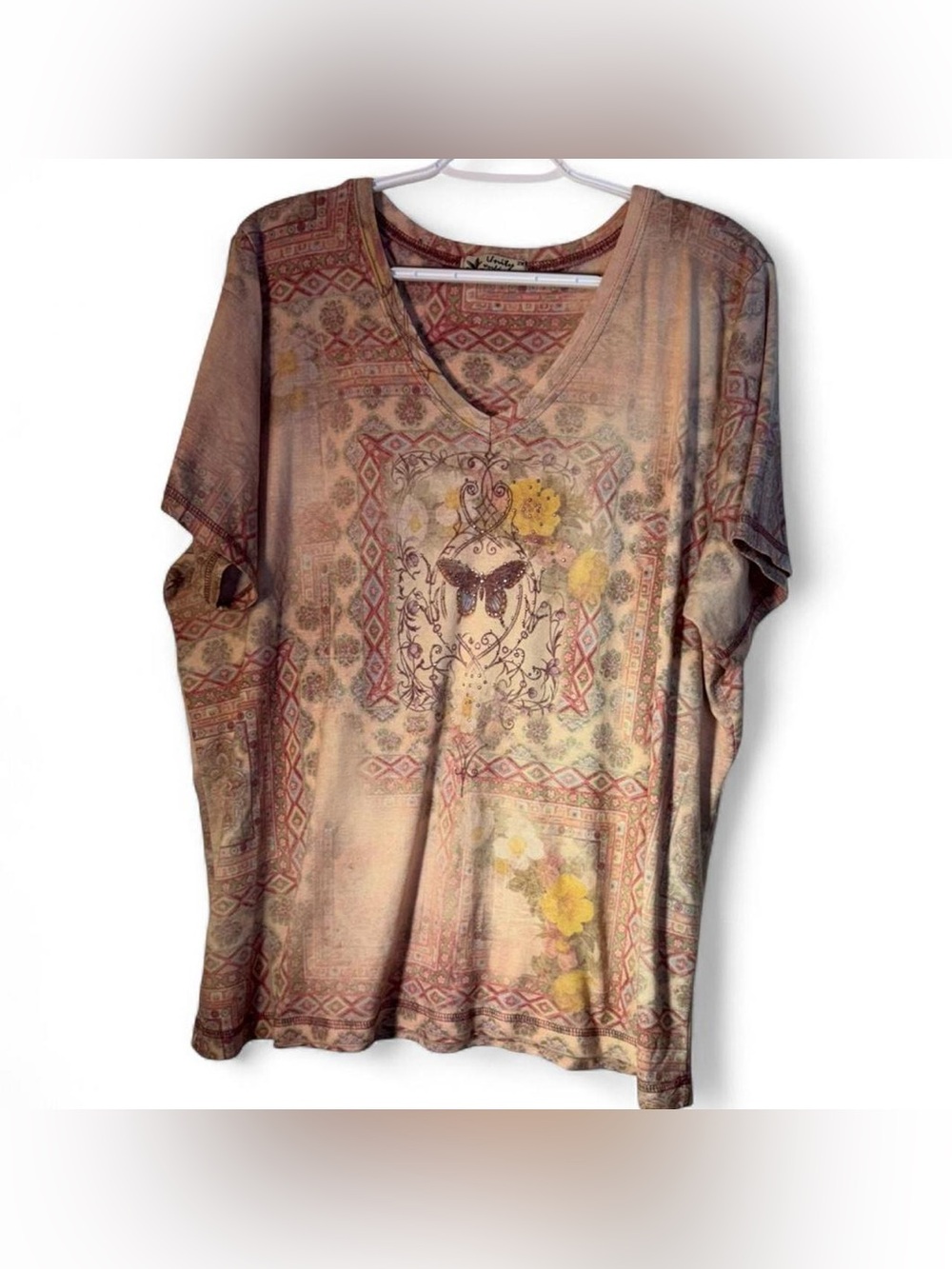 Women's V-Neck Short Sleeve Floral Butterfly Tee - Beige